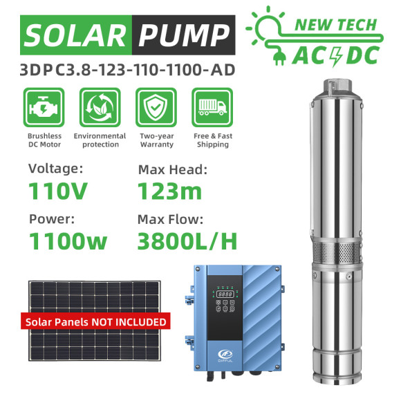 DIFFUL WBS 3" AD/DC Well Solar Water Pump Submersible Bore 110V 1100W 123m 3800L/H Irrigation
