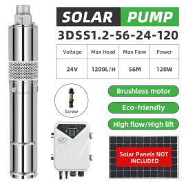 DIFFUL WBS 3" Solar Pond Pump 24V 120W DC Submersible Dam Fountain 2m Cable OE