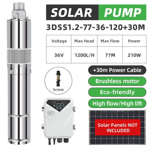 DIFFUL WBS 3" DC Screw Solar Bore Pump 36V 210W Submersible Deep Well cable 30m+ Controller