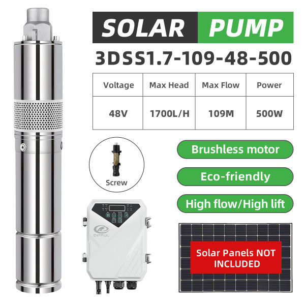 DIFFUL WBS 3”500W 48V Screw Solar Bore Well Pump Submersible Off Grid Water Supply