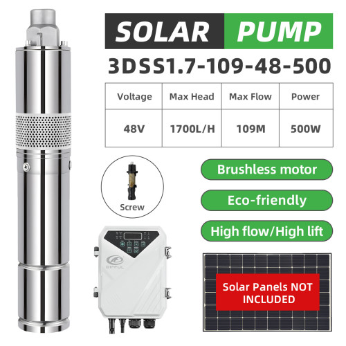 DIFFUL WBS 3”500W 48V Screw Solar Bore Well Pump Submersible Off Grid Water Supply