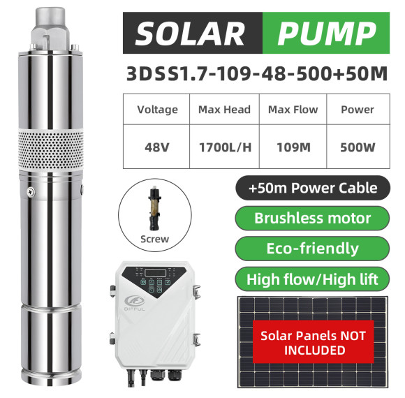 DIFFUL WBS 3" DC Screw Well Solar Water Bore Pump 48V 500W Submersible 30m Cable