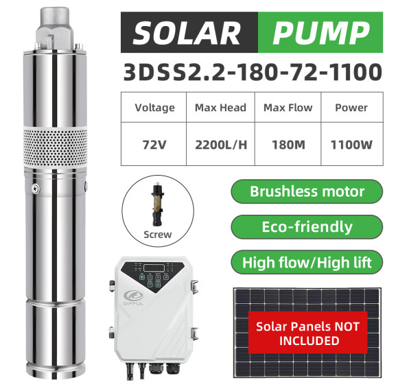 DIFFUL WBS 3" DC Screw Solar Water Bore Pump 72V 1100W Submersible Farm Pond 180m