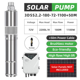 3" DC Screw Well Solar Water Pump 180m Head 72V 1100W Controller Submersible Pond 50m Cable