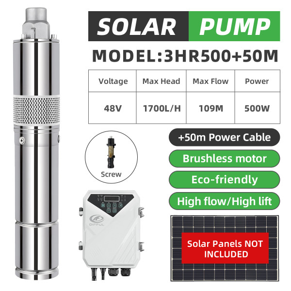 DIFFUL WBS 3" DC Screw Well Solar Water Pump 48V 500W Controller Submersible Pond 50m Cable