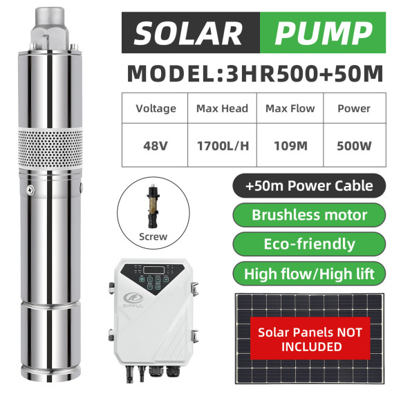 DIFFUL WBS 3" DC Screw Well Solar Water Pump 48V 500W Controller Submersible Pond 50m Cable
