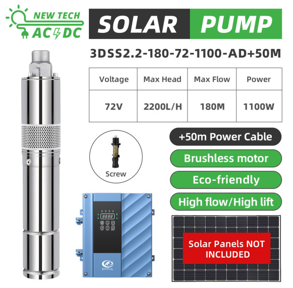 DIFFUL WBS 3" DC/AC Screw Solar Water Bore Pump 72V 1100W Submersible Well Pond 50m cable