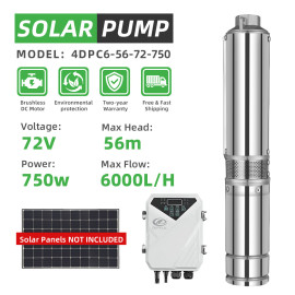 DIFFUL WBS 4" DC Bore Hole Deep Well Solar Water Pump 72V 1HP 6T/H 56m Submersible