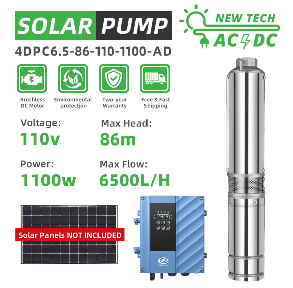 DIFFUL WBS 4" 4inch Hybrid AC/DC 1100W Solar Submersible Bore Pump 6.5T/H 60m Farming Irrigation