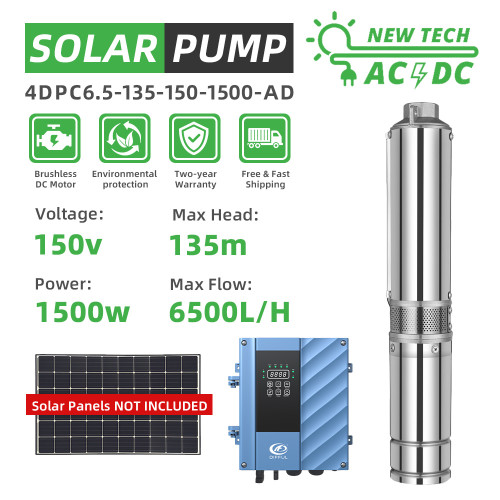 DIFFUL WBS 4" ACDC Hybrid solar water well pump 1500W Submersible 6.5m3/h