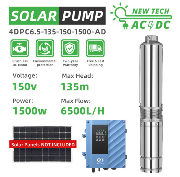 DIFFUL WBS 4" 4inch AC/DC Hybrid solar water well pump 1500W Submersible 6.5m3/h