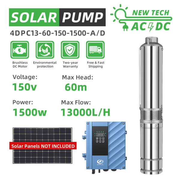 DIFFUL WBS Hybrid AC/DC 1500W 2HP Solar Submersible Bore Pump 13T/H 60m Farming Irrigation
