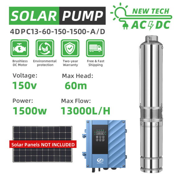 DIFFUL WBS 4" 4inch Hybrid AC/DC 1500W 2HP Solar Submersible Bore Pump 13T/H 60m Farming Irrigation