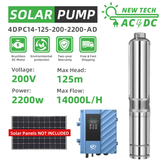 DIFFUL WBS 4" 4inch AC/DC Hybrid solar water well pump 2200W Submersible 14m3/h 61GPM