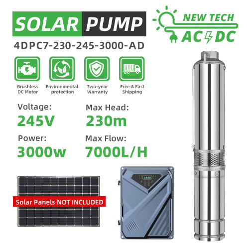 DIFFUL WBS Hybrid AC/DC 3000W 4HP Solar Submersible Bore Pump 7T/H 230m Farming Irrigation