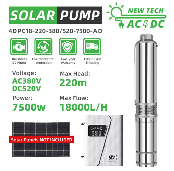 DIFFUL WBS 4" 4inch Solar AC/DC Submersible Water Bore Pump 10HP 3 phases Hybrid Pump 220m Max Head 18m3/h