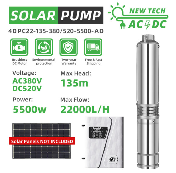 DIFFUL WBS 4" 4inch Solar AC/DC Submersible Water Bore Pump 5500w 3 phases Hybrid Pump 135m Max Head 22m3/h