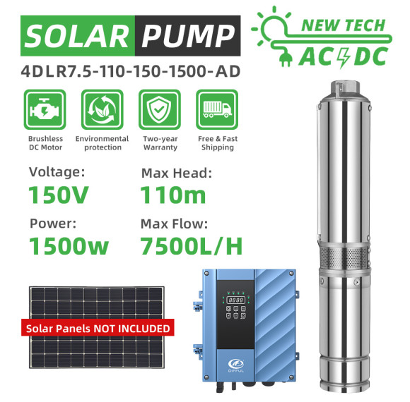 DIFFUL WBS 4" 4inch AC/DC Solar Powered Bore Well Water Pump 2HP Submersible Hybrid Deep 110/220V