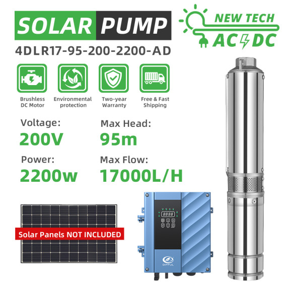 DIFFUL WBS 4" 4inch AC/DC Solar Powered Bore Well Water Pump 3HP Submersible Hybrid Deep 110/220V