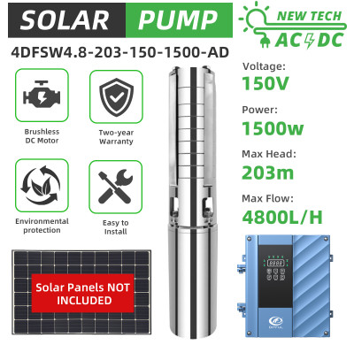 DIFFUL WBS  4inch AC/DC Solar Water Pump S/S Impeller Encapsulated Water-Filled Motor 4DFSW4.8-203-150-1500-AD