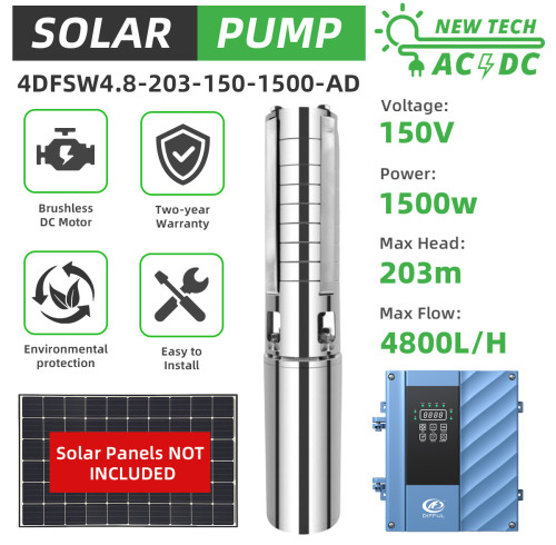 DIFFUL WBS 4" 4inch AC/DC Solar Water Pump S/S Impeller Encapsulated Water-Filled Motor 4DFSW4.8-203-150-1500-AD