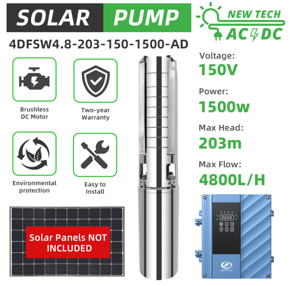 DIFFUL WBS  4inch AC/DC Solar Water Pump S/S Impeller Encapsulated Water-Filled Motor 4DFSW4.8-203-150-1500-AD