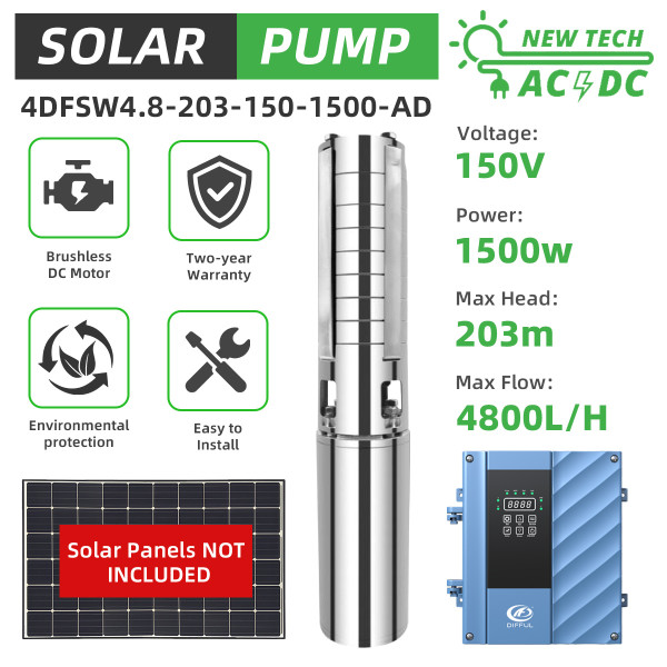 DIFFUL WBS  4inch AC/DC Solar Water Pump S/S Impeller Encapsulated Water-Filled Motor 4DFSW4.8-203-150-1500-AD