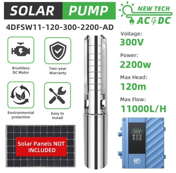DIFFUL WBS  4inch AC/DC Solar Water Pump S/S Impeller Encapsulated Water-Filled Motor 4DFSW11-120-300-2200-AD