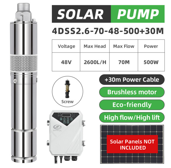 DIFFUL WBS AU STOCK 4" DC Screw Well Solar Water Bore Pump 48V 500W Submersible 30m Cable