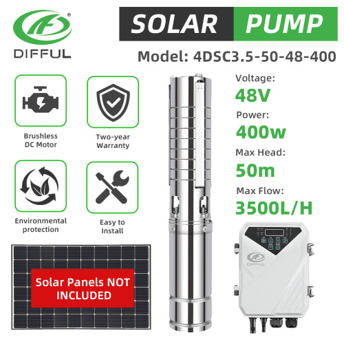 DIFFUL WBS 4" 400W Solar Bore Pump 3.5m3/h 50m Brushless DC Motor Submersible