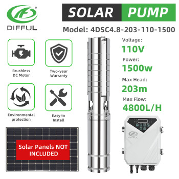 DIFFUL WBS 4" Solar Deep Well Pump 2HP 110V Submersible Bore Water Pump MPPT Kit