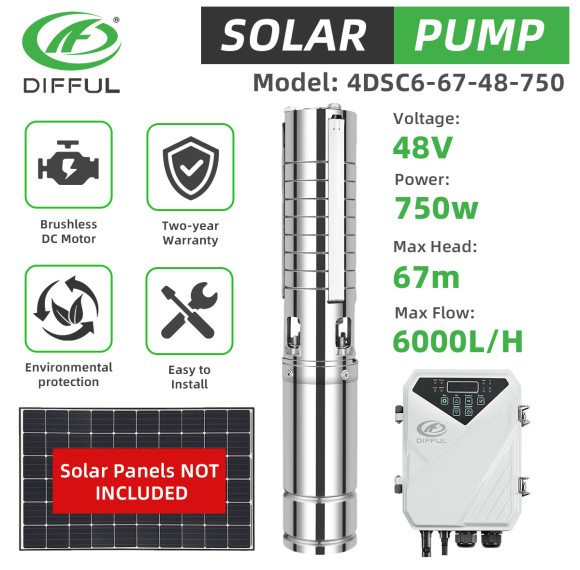 DIFFUL WBS 4" 4inch 750W Solar Bore Pump 6m3/H 67m Brushless DC Motor Submersible New