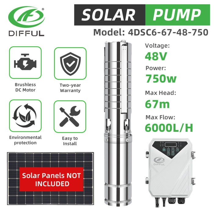 DIFFUL WBS 4" 4inch 750W Solar Bore Pump 6m3/H 67m Brushless DC Motor Submersible New