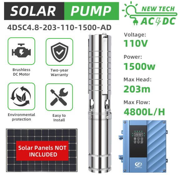 DIFFUL WBS 4" 4inch AC/DC Hybrid Solar Bore Pump 2HP 203m 4.8m3/H Farm Submersible
