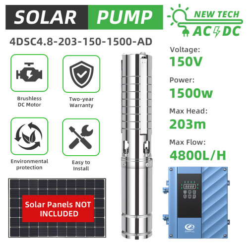4" Solar DC/AC Hybrid Water Bore Pump Big Pressure 203m Head 1500W 2HP