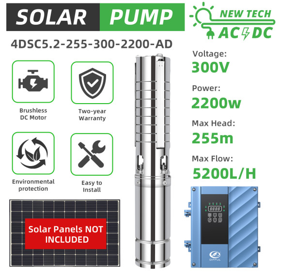 DIFFUL WBS 4" 4inch 3HP Solar Bore Water Pump 4DSC5.2-255-300-2200-AD AC/DC Deep Well Pump