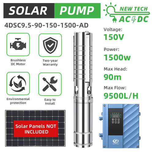 DIFFUL WBS 4" AC/DC Hybrid Solar Bore Pump 2HP 90m 9.5m3/H Farm Submersible