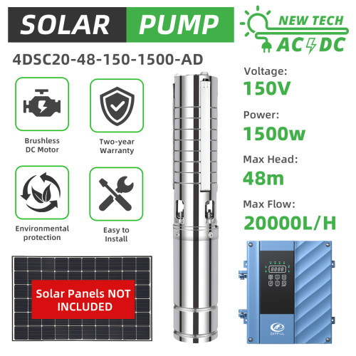 DIFFUL WBS 4" AC/DC Hybrid Solar Submersible Bore Well Water Pump 20m3/H 48m 2HP