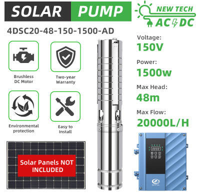 DIFFUL WBS 4" AC/DC Hybrid Solar Submersible Bore Well Water Pump 20m3/H 48m 2HP