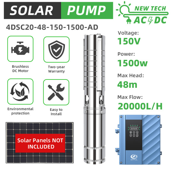 DIFFUL WBS 4" 4inch AC/DC Hybrid Solar Submersible Bore Well Water Pump 20m3/H 48m 2HP