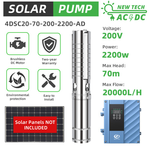 DIFFUL WBS 4" inch4  AC/DC Hybrid Solar Submersible Bore Well Water Pump 20m3/H 70m 3HP