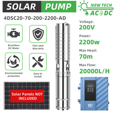 4" AC/DC Hybrid Solar Submersible Bore Well Water Pump 20m3/H 70m 3HP