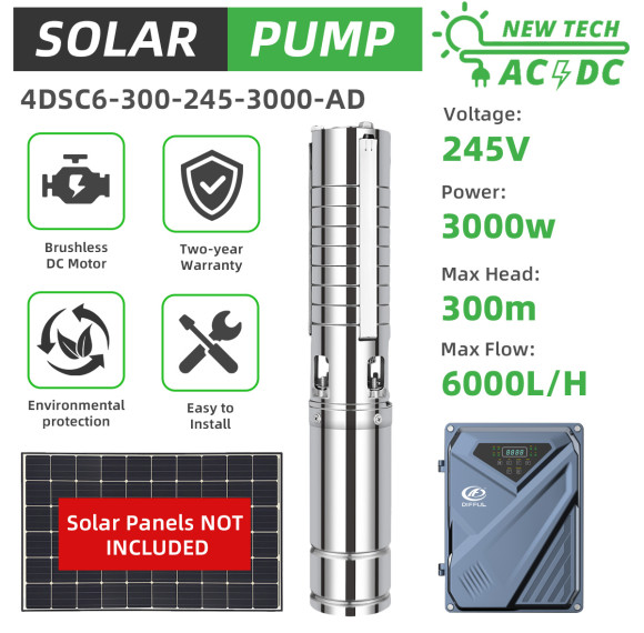 DIFFUL WBS 4" 4inch Solar AC/DC Submersible Water Bore Pump 3HP Hybrid Pump 120m Max Head 11m3/h