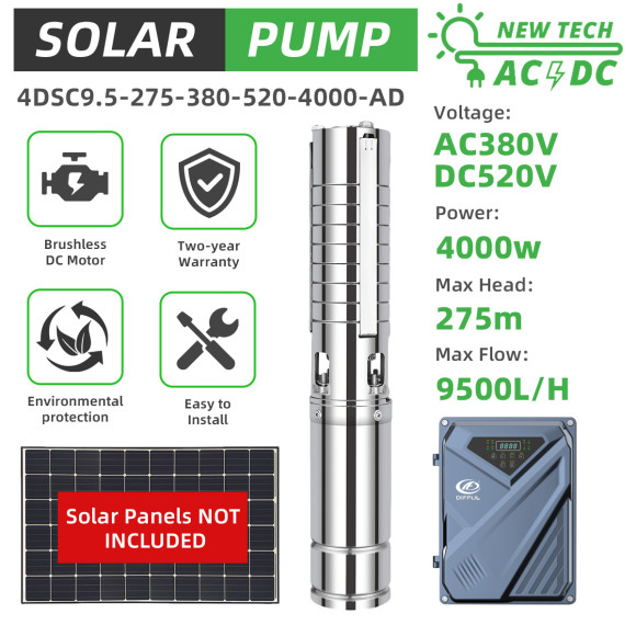 DIFFUL WBS 4" 4inch AC/DC Solar Bore Well Pump 5.5HP 4KW 380V 3-Phase Hybrid Inverter 275m 8m3/h