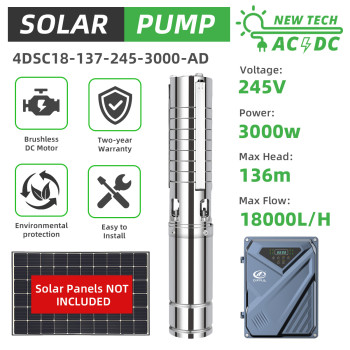 DIFFUL WBS 4" AC/DC Solar Bore Well Pump 5.5HP 3KW 380V 3-Phase Hybrid Inverter 136m 18m3/h