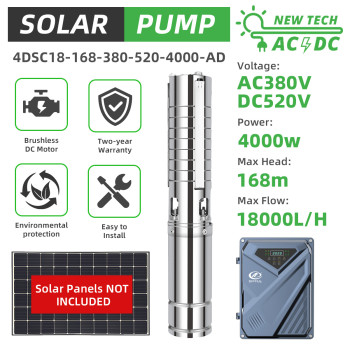 DIFFUL WBS 4" AC/DC Solar Bore Well Pump 5.5HP 4KW 380V 3-Phase Hybrid Inverter 168m 18m3/h