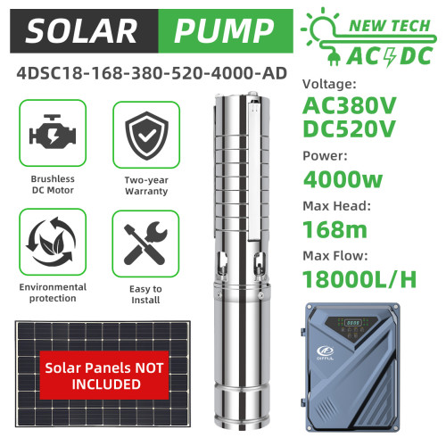 DIFFUL WBS 4" AC/DC Solar Bore Well Pump 5.5HP 4KW 380V 3-Phase Hybrid Inverter 168m 18m3/h