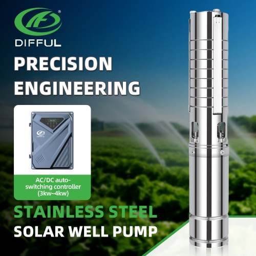 DIFFUL WBS 4" AC/DC Solar Bore Well Pump 5.5HP 4KW 380V 3-Phase Hybrid Inverter 74m 30m3/h