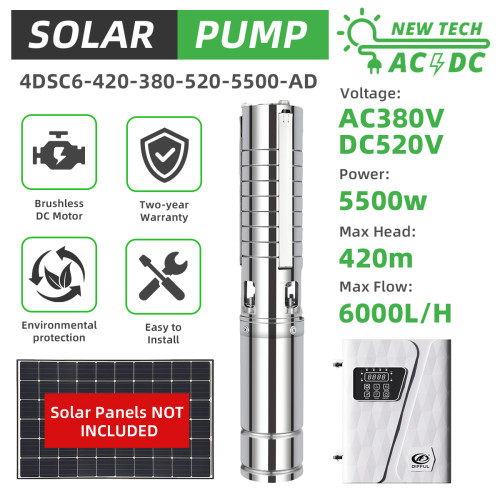 DIFFUL WBS 4" AC/DC Solar Bore Well Pump  5.5KW 380V 3-Phase Hybrid Inverter 420m 6m3/h
