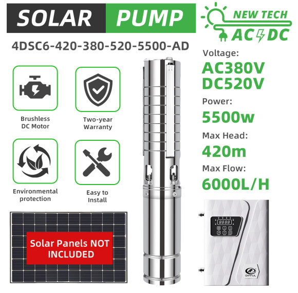 DIFFUL WBS 4" 4inch AC/DC Solar Bore Well Pump 5.5KW 380V 3-Phase Hybrid Inverter 420m 6m3/h